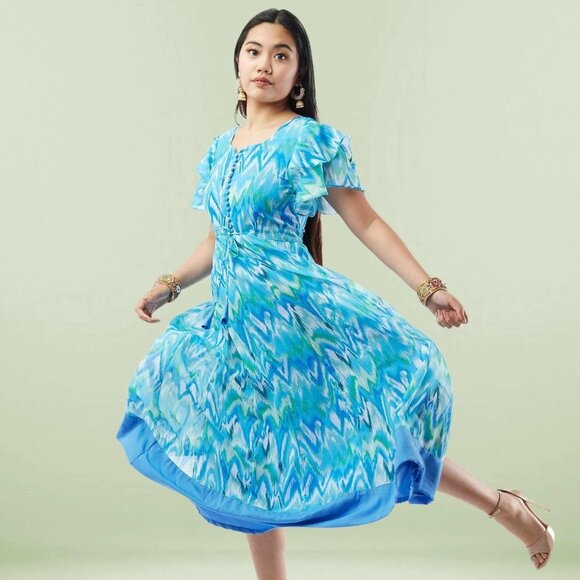 Blue Printed Chiffon Knee-Length Dress | Muvvas Boutique - Picture 2 of 6